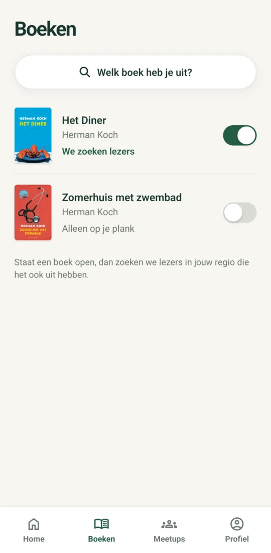 Je boeken in de app, met een schakelaar per boek