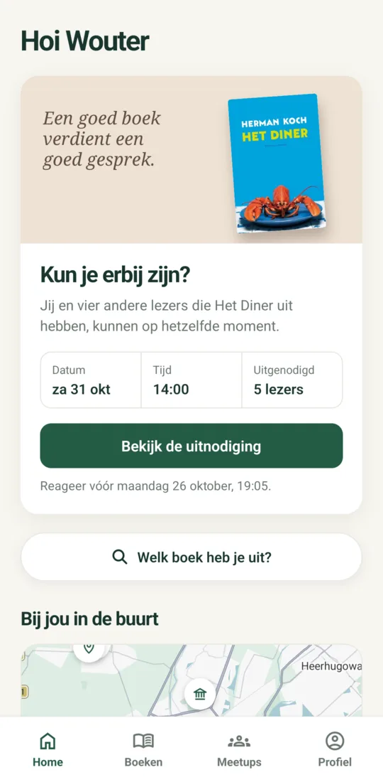 Home in de app met een uitnodiging voor een gesprek over Het Diner