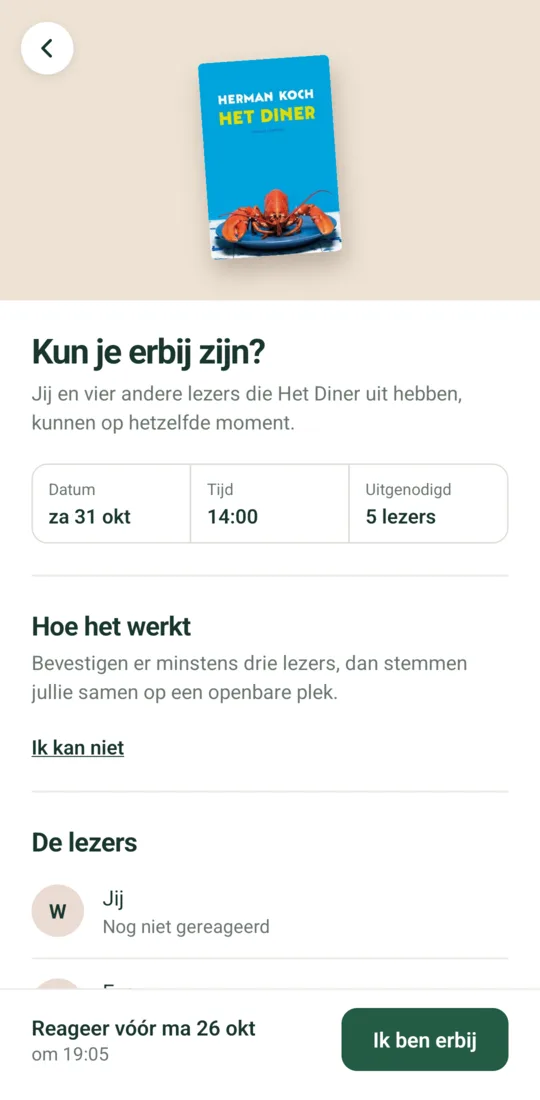 De uitnodiging met datum, tijd en de knop Ik ben erbij